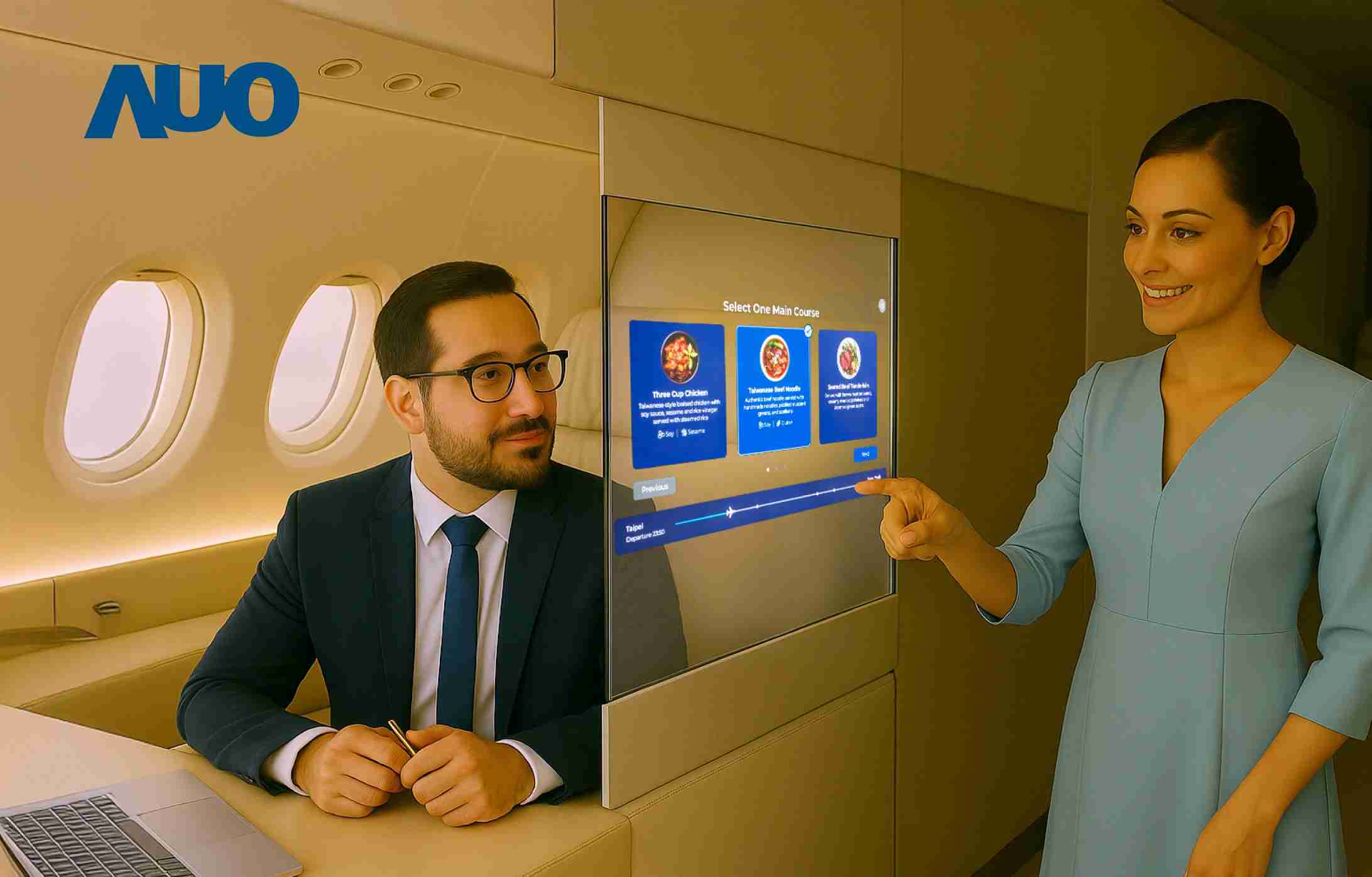 菠菜论坛研发全球最薄17.3 吋双面透明 Micro LED 显示器，，，可在同一屏幕之双边投射不同信息，，，创造独特的”透明化”互动；图为实时翻译交流应用情境